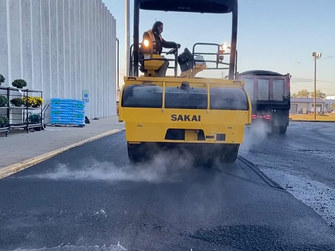 Rubberized asphalt paving project in progress